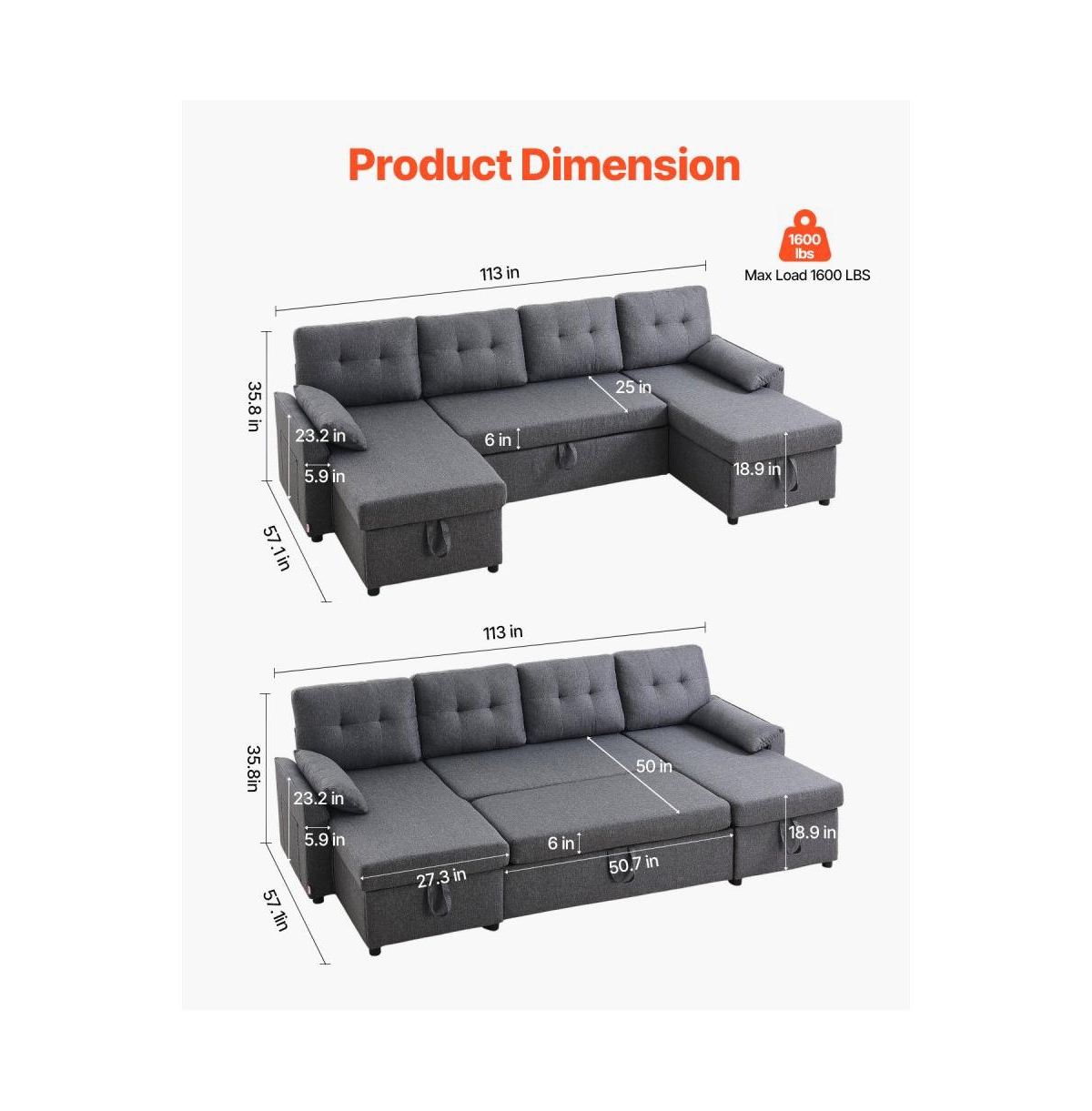 Slickblue U-Shaped Convertible Sofa Bed with Chaise and Pull-Out Sleeper