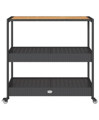 Bar Cart 3-Tier Poly Rattan and Solid Wood Acacia