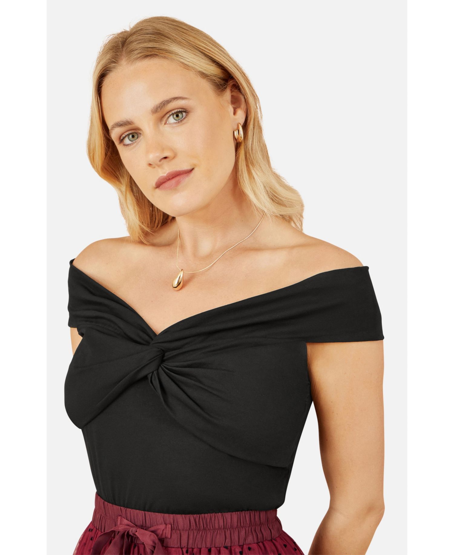 Women's Short Sleeve Knot Detail Bardot Top