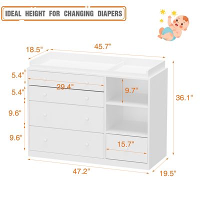 Changing Table Dresser, Baby Nursery Dresser with 5 Drawers and 2 Shelves, Baby Changing Table, Diaper Changing Station
