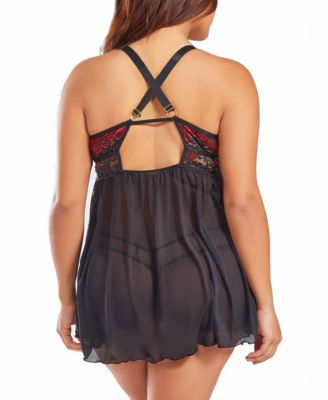 Plus Size Soft Cup Lace Mesh Babydoll Lingerie Set