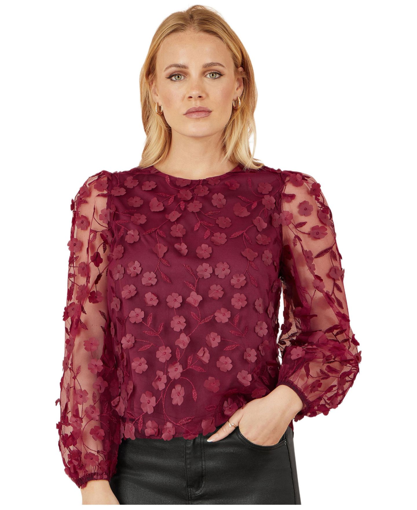 Женский топ Yumi Sheer Sleeve Applique, цвет: Бордовый — фото 1