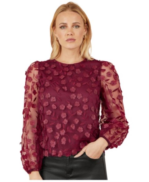 Женский топ Yumi Sheer Sleeve Applique, цвет: Бордовый