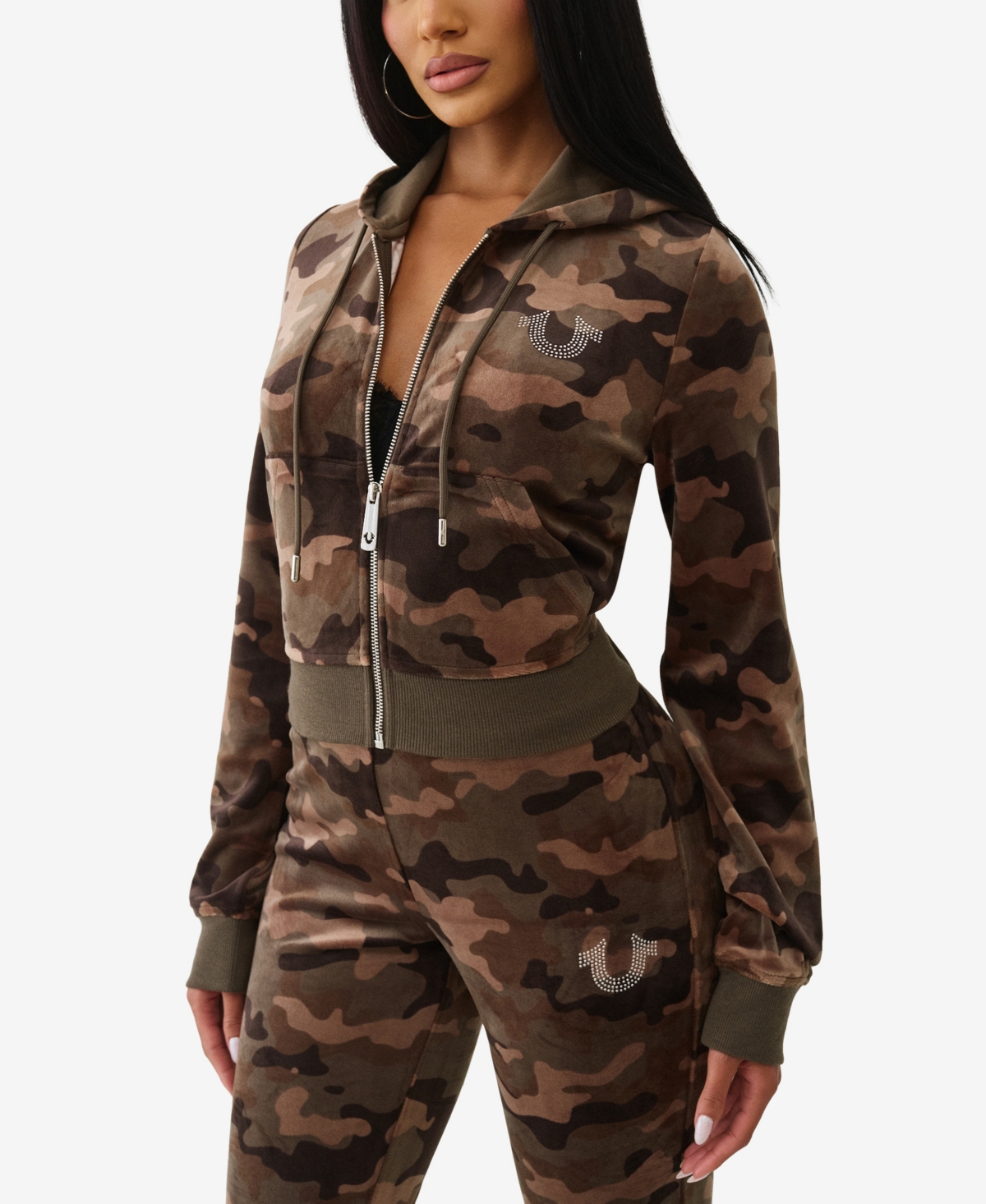True Religion Women's Camo Velour Shrunken Hoodie In Brown