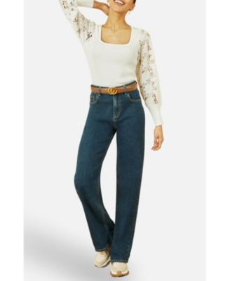 Women's Ribbed Knitted Lace Sleeve Top