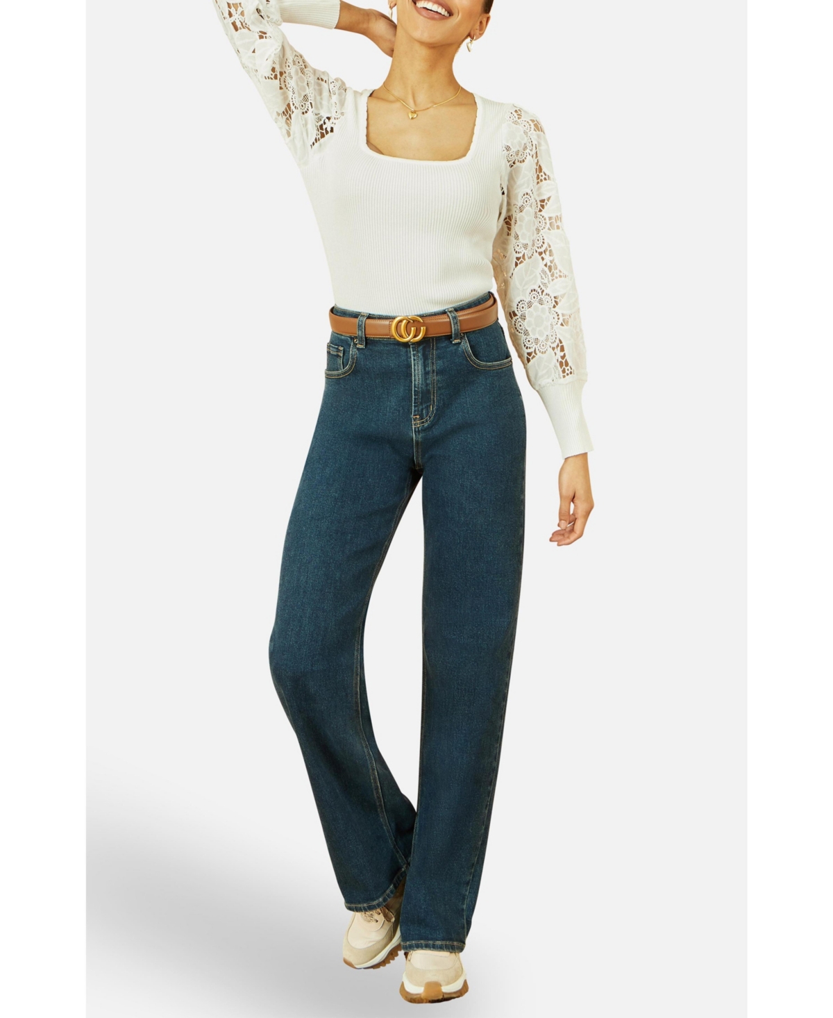 Yumi Women's Ribbed Knitted Lace Sleeve Top