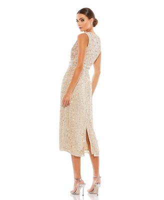 Women's Sleeveless High Neck Beaded Midi Sheath Dress