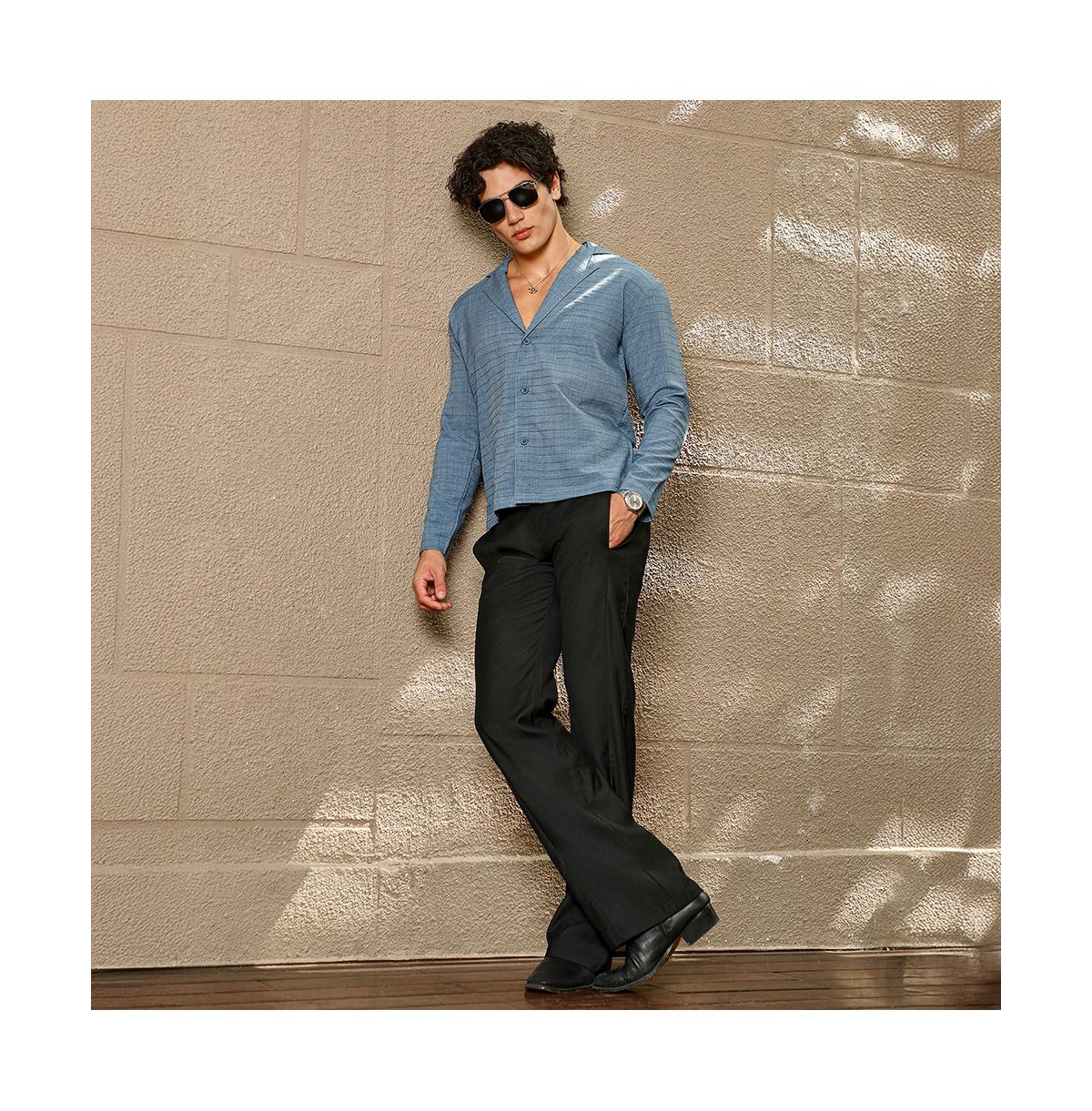 Campus Sutra Men's Azure Blue Striped Cuban Shirt