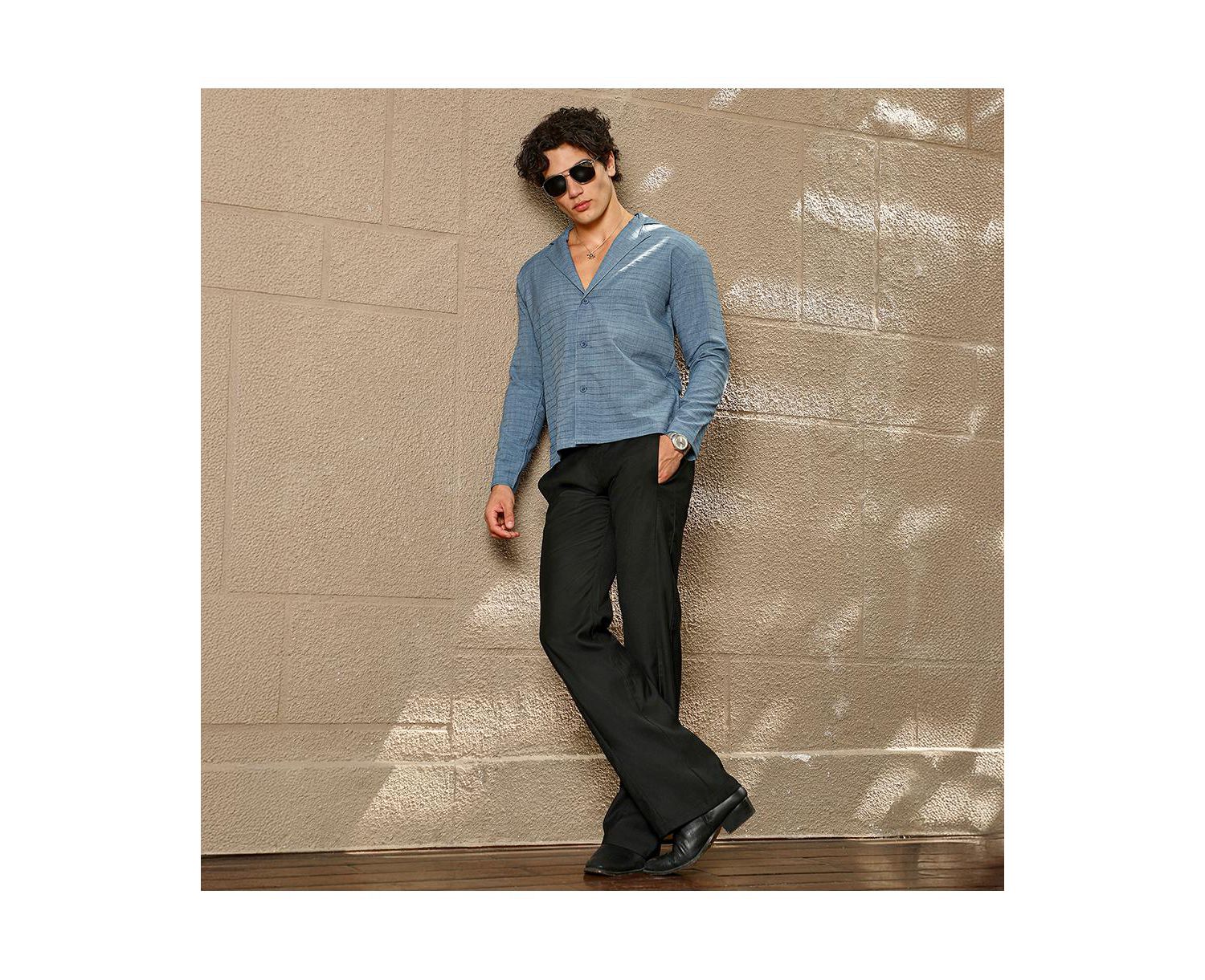 Men's Azure Blue Striped Cuban Shirt