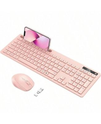 Wireless Keyboard And Mouse - Wireless Keyboard With Phone Holder, A Type C Receiver, Full - Size Combo, Pro PC Computer - Baby Pink