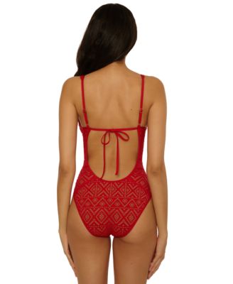 Women's Color Play Crochet Plunge One-Piece Swimsuit
