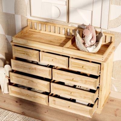 Solid Wood Changing Table with 9 Drawers and Guardrails，Chest of Drawers