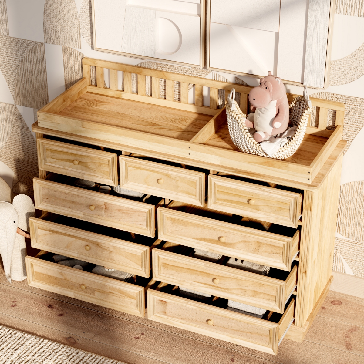 Homsee Solid Wood Changing Table with 9 Drawers and Guardrails，Chest of Drawers