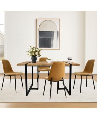5-Piece Dining Table Set with 59'' MDF Table, Rectangular Wood-Look Top and Black Metal Legs with 4 Upholstered Chairs-Maison Boucle