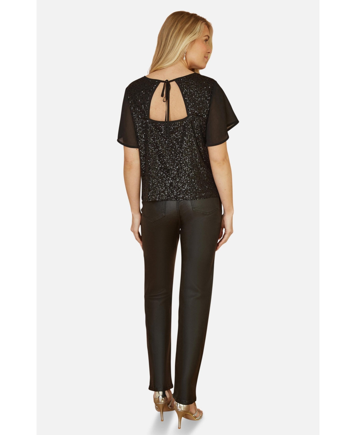 Yumi Women's Sheer Short Sleeve Sequin Top