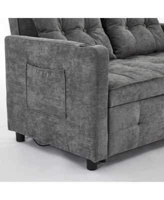 Linen Sleeper Sofa Bed, 2-Seater Pull Out Sofa with Cup Holder, USB Charging, Multi-Position Back for Apartment or Guest Room