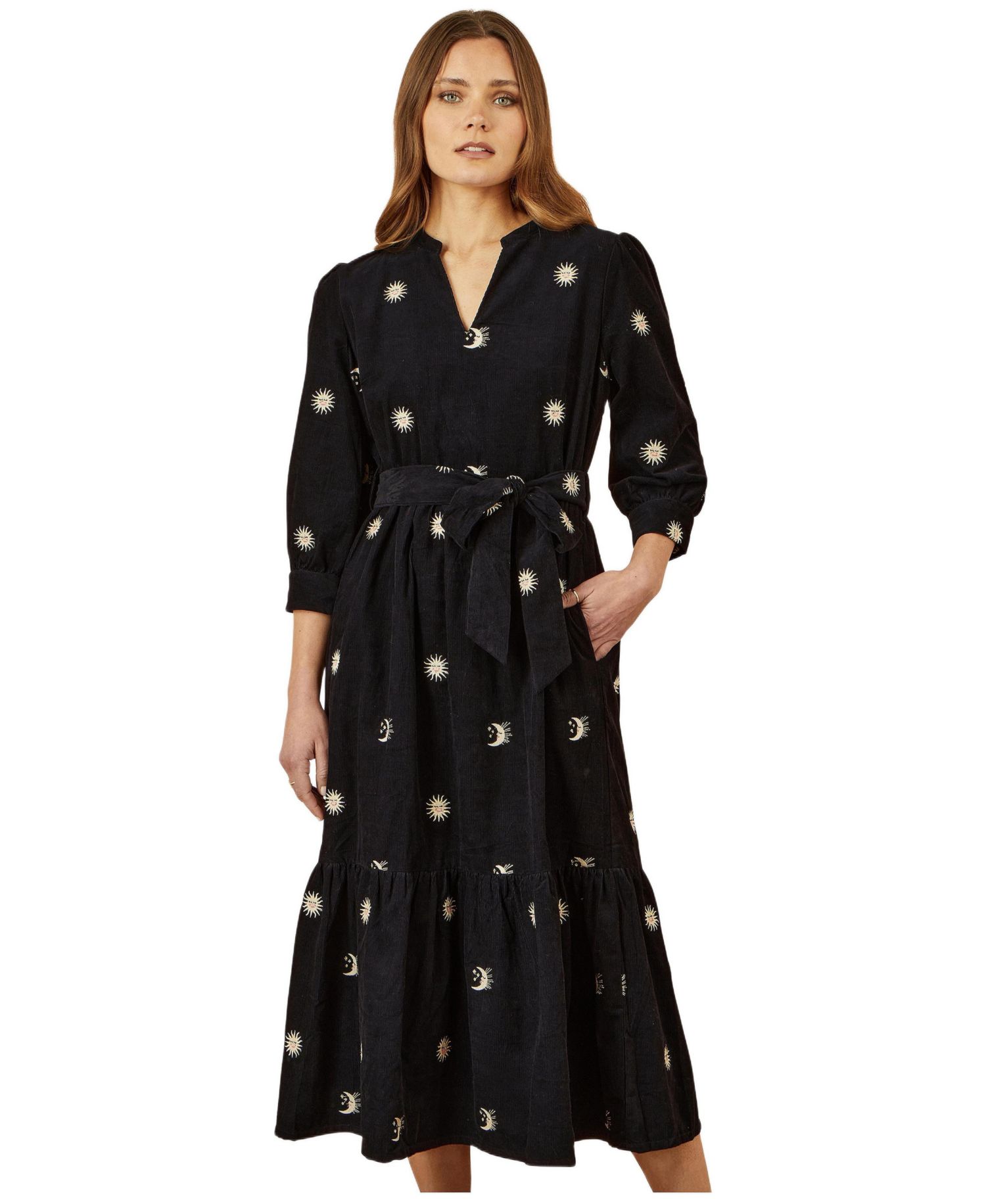 Women's Cosmic Embroidery Cord Midi Shirt Dress