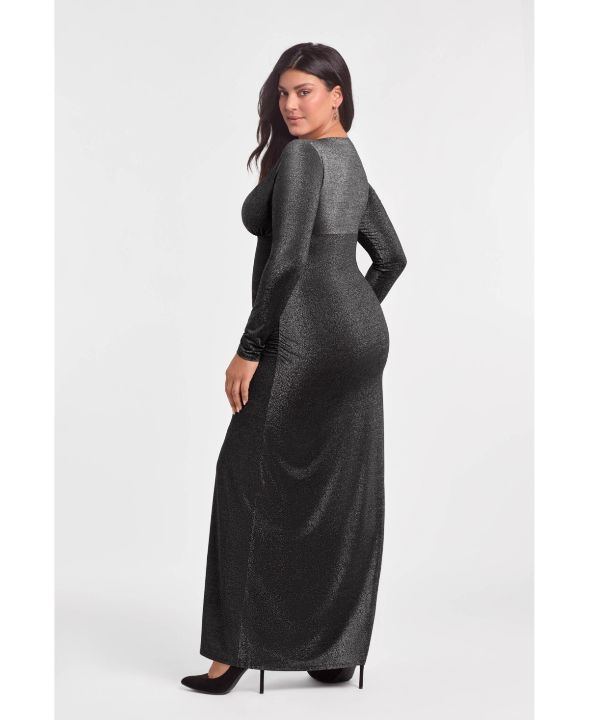 S3 Apparel Women's S3 Sculpting Shapewear Shirred V-Neck Long Sleeve Metallic Maxi Dress - Onyx Black