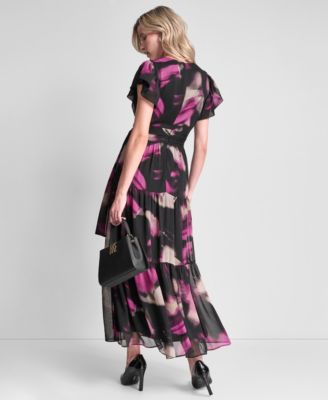 Women's Ruffle Cap Sleeve Surplice Neck Maxi Dress