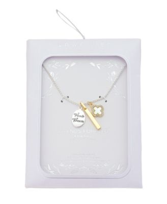 Two-Tone "Friends Forever" Plain Bar Mother of Pearl Inlay Crystal Clover Necklace 