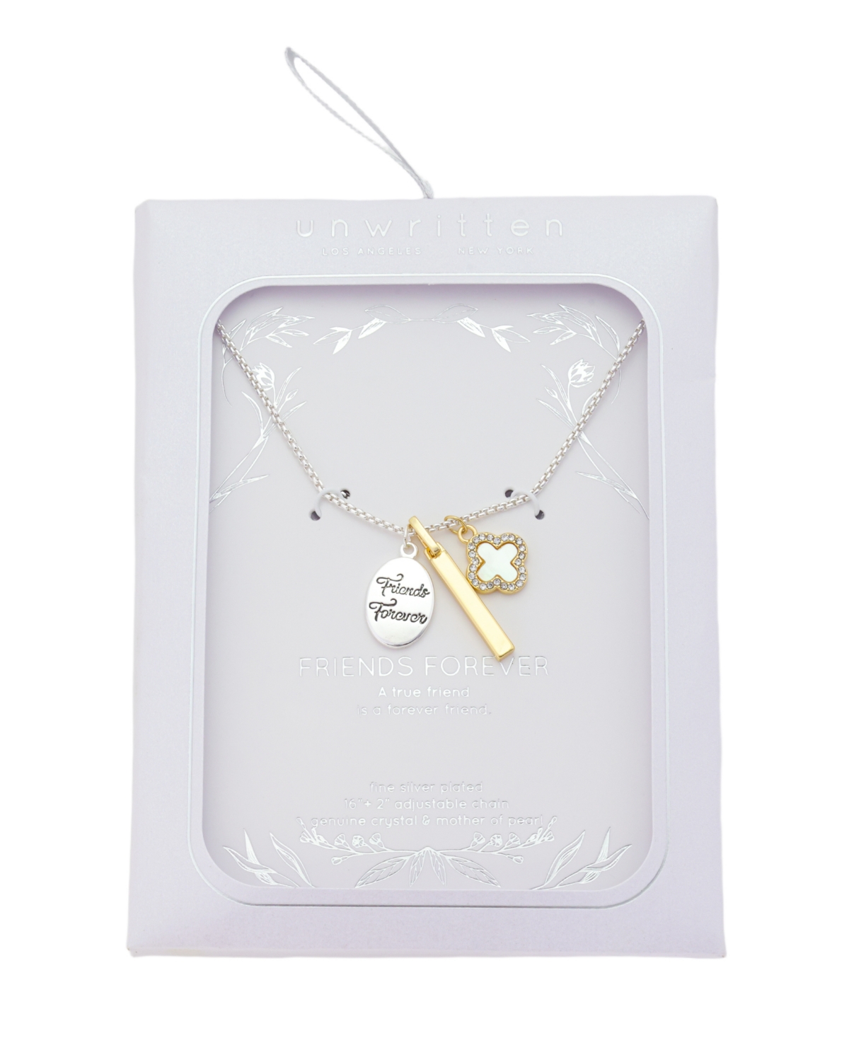 Unwritten Two Tone "friends Forever" Plain Bar Mother Of Pearl Inlay W/crystal Clover Necklace With Extender In Metallic