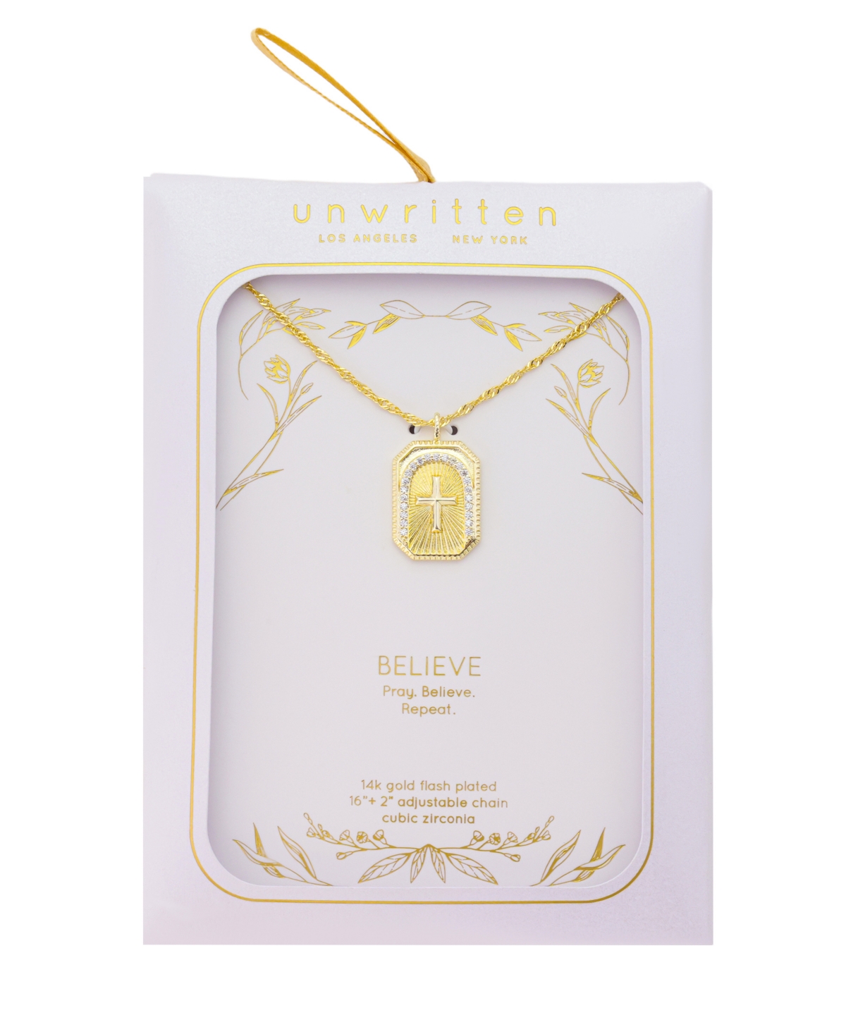 Unwritten Cubic Zirconia Cross Square Design Twist Chain Necklace With Extender In Gold