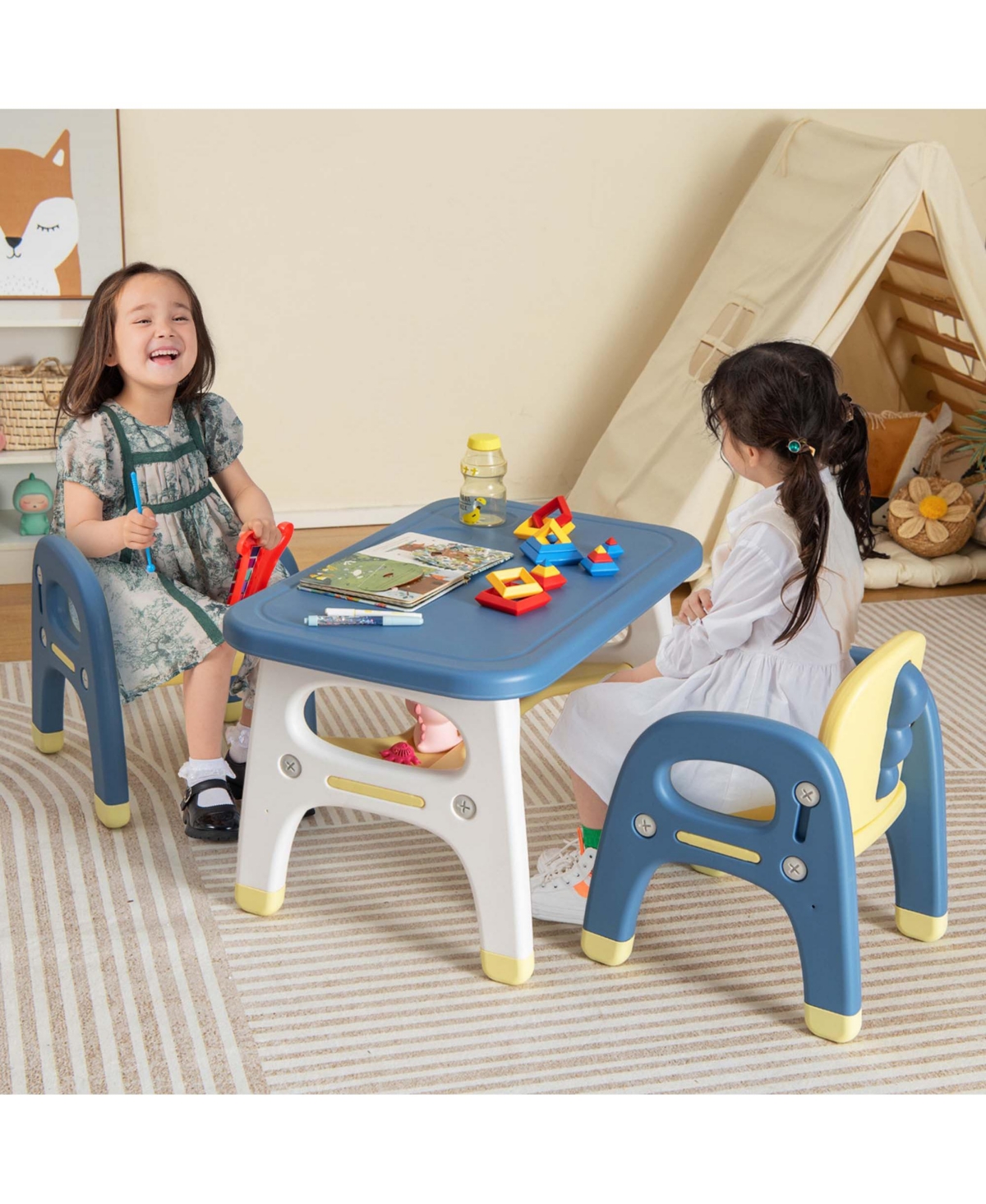 Costway Kids Table and 2 Chairs Set Activity Art Desk with Storage Shelf & Building Blocks