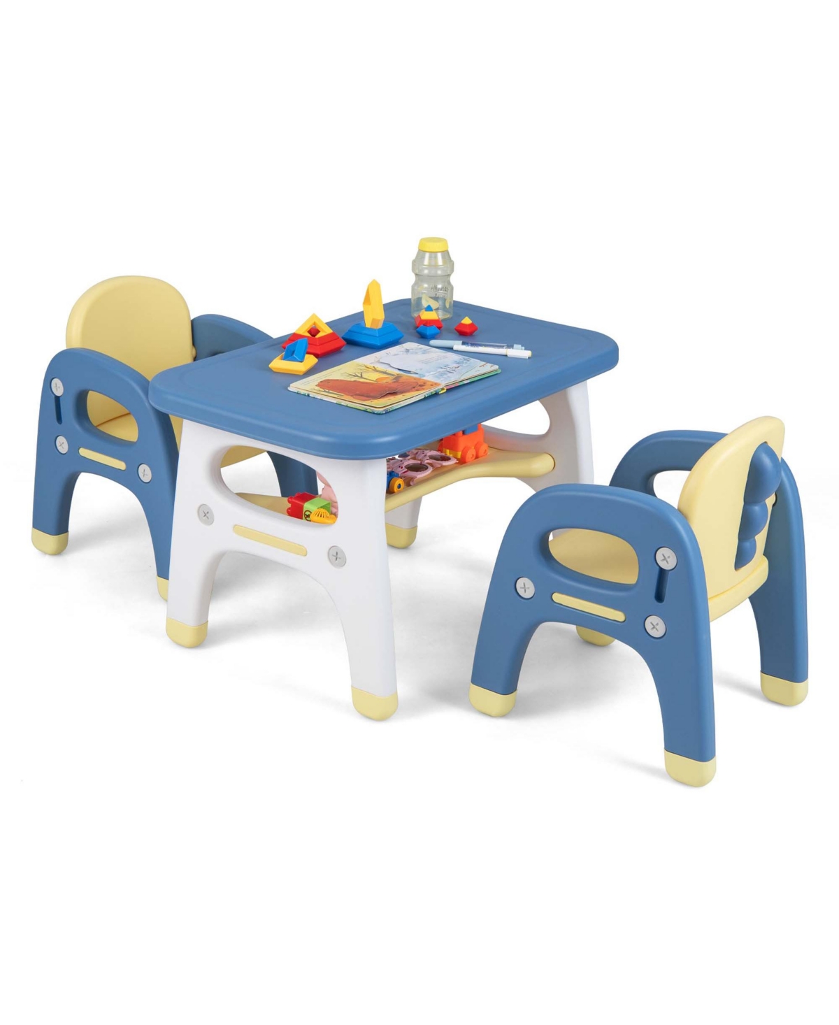 Costway Kids Table and 2 Chairs Set Activity Art Desk with Storage Shelf & Building Blocks