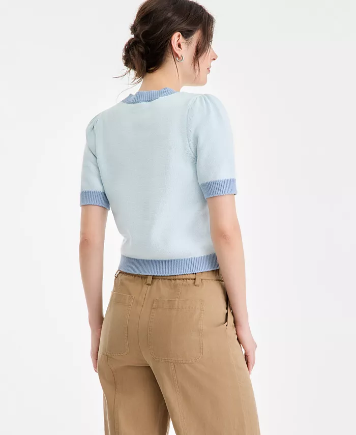 Women's Embroidered Colorblocked Short-Sleeve Sweater - thumbnail 3