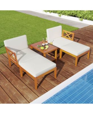 5 PCS Acacia Wood Patio Chaise Lounge Chair Set with 2-Tier Coffee Table Cushions