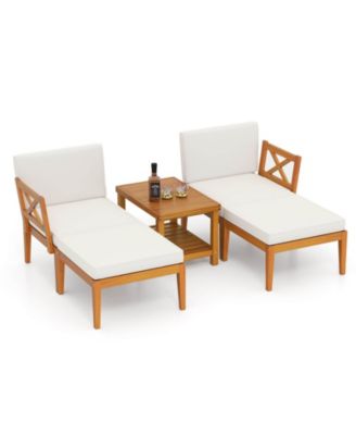 5 PCS Acacia Wood Patio Chaise Lounge Chair Set with 2-Tier Coffee Table Cushions