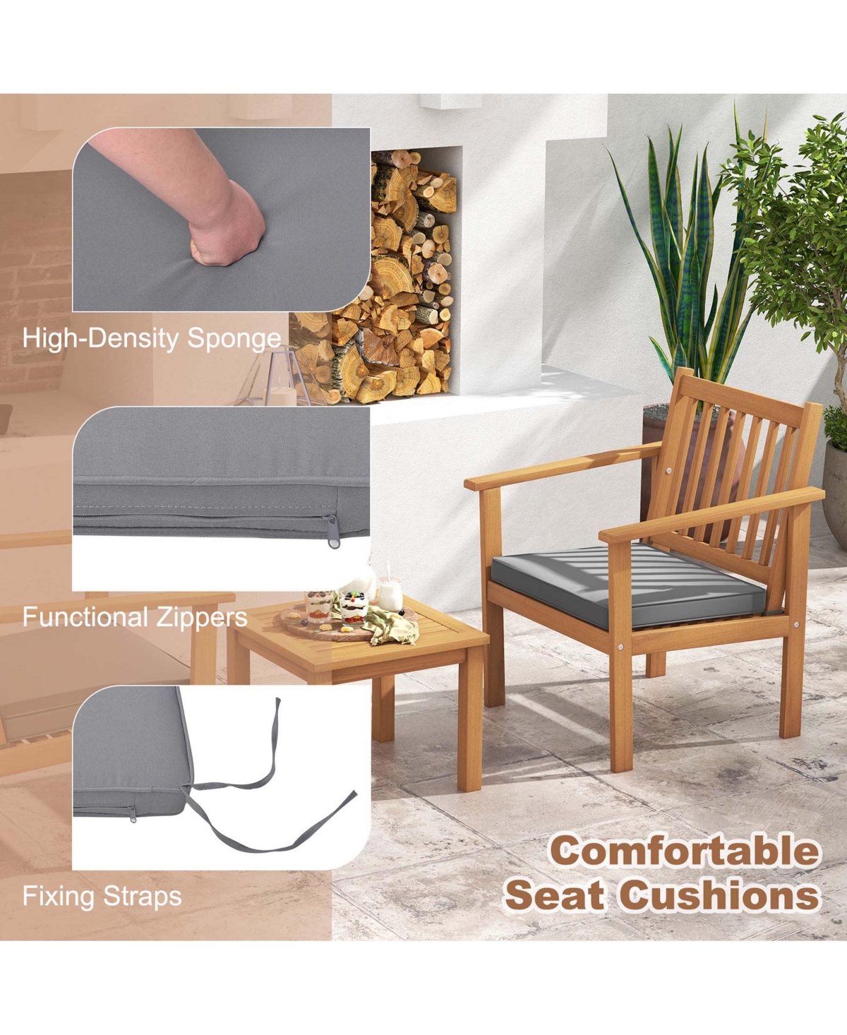 Costway 3 Pcs Acacia Wood Soft Cushions Patio Furniture Set (Chairs & Coffee Table)