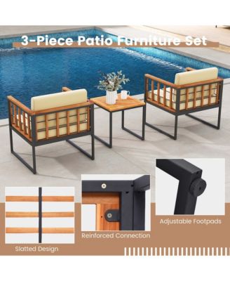 3 PCS Patio Chair Set Acacia Wood Sofa Set with Metal Support Soft Seat Cushions