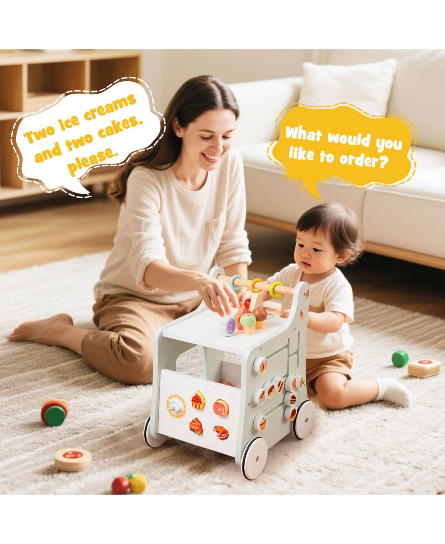 Wooden Baby Walker Ice Cream Cart Toy with Sweet Accessories & Smooth Wheels