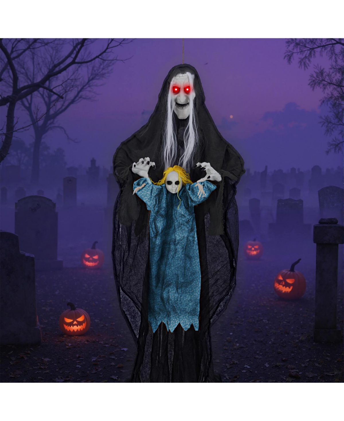 Costway Halloween Decoration 6 11” Sound-Activated Witch Holding Ghost Girl Spooky Sound