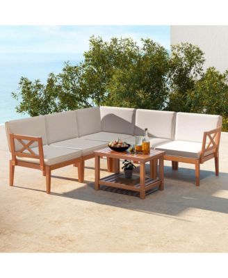  6 PCS  Acacia Wood  Cushions & 2-Tier Coffee Table  Patio Furniture Set.
