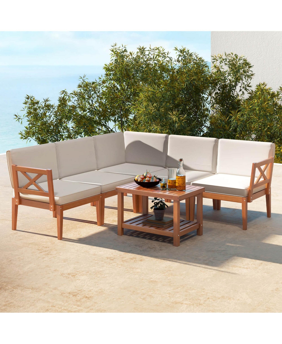 Costway 6 Pcs Acacia Wood Cushions & 2-Tier Coffee Table Patio Furniture Set.