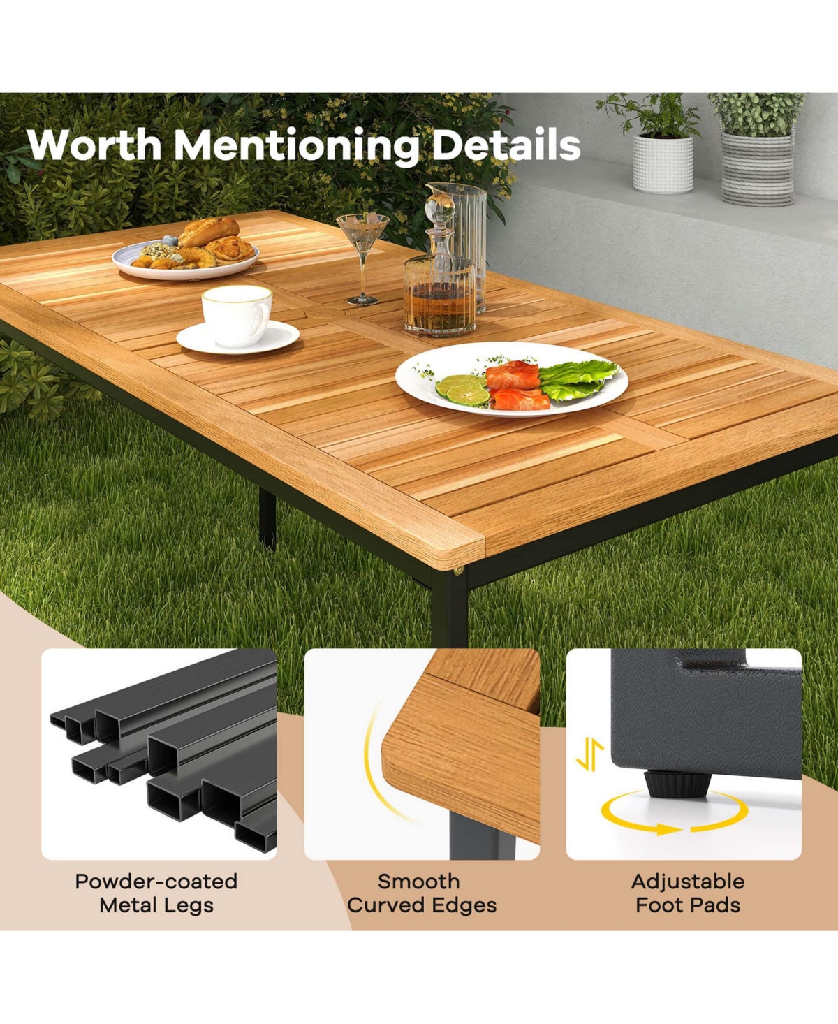 Costway 6 Pcs Outdoor Acacia Wood Dining Set with Bench and 2" Umbrella Hole Outdoor Patio