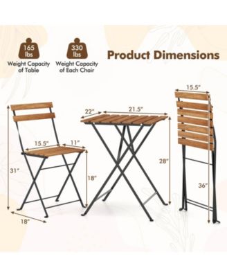 3 PCS Patio Acacia Wood Bistro Set Bistro Table with 2 Folding Chairs Slatted Seat