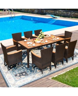 9PCS Patio Wicker Dining Set Acacia Wood Table Top Umbrella Hole Cushions Chairs