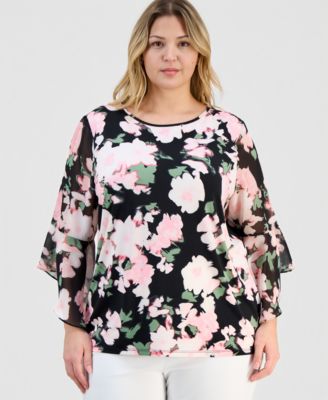 Plus Size Large-Floral-Print Ruffle-Sleeve Blouse 