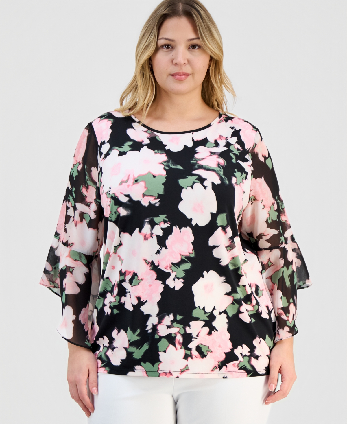 Kasper Plus Large-Floral-Print Ruffle-Sleeve Blouse