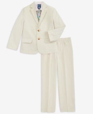 Boys' 2T-7 Khaki Linen Notch Collar Suit Jacket, Pants, Long-Sleeve Stripe Shirt & Plaid Necktie, 4-Piece Set