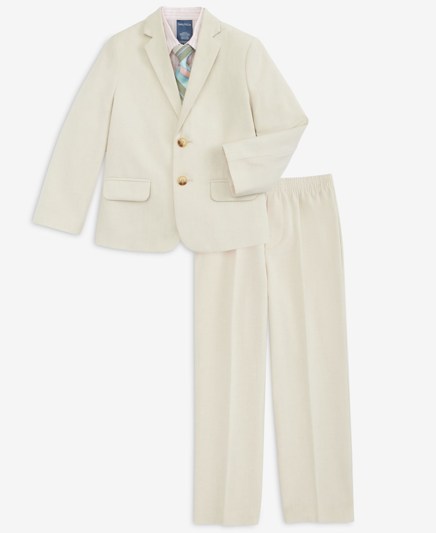 Boys' 2T-7 Peach Linen Notch Collar Suit Jacket, Pants, Long-Sleeve Stripe Shirt & Plaid Necktie, 4-Piece Set