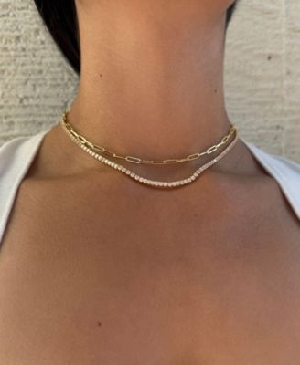 Gold Tennis and Paperclip Chain Necklace Set