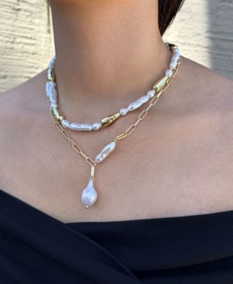 Gold Beaded Faux Cultivated Pearl Layered Lariat Necklace
