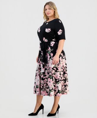 Plus Size Floral-Print Round-Neck Tie-Belt Waist 