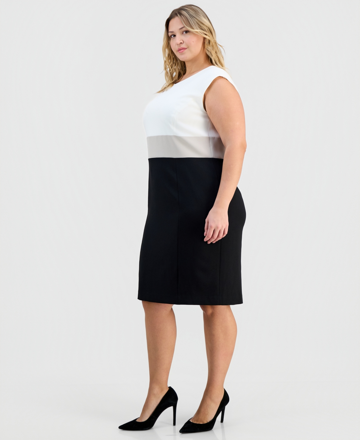 Kasper Plus Round-Neck Colorblocked Crepe Sheath Dress