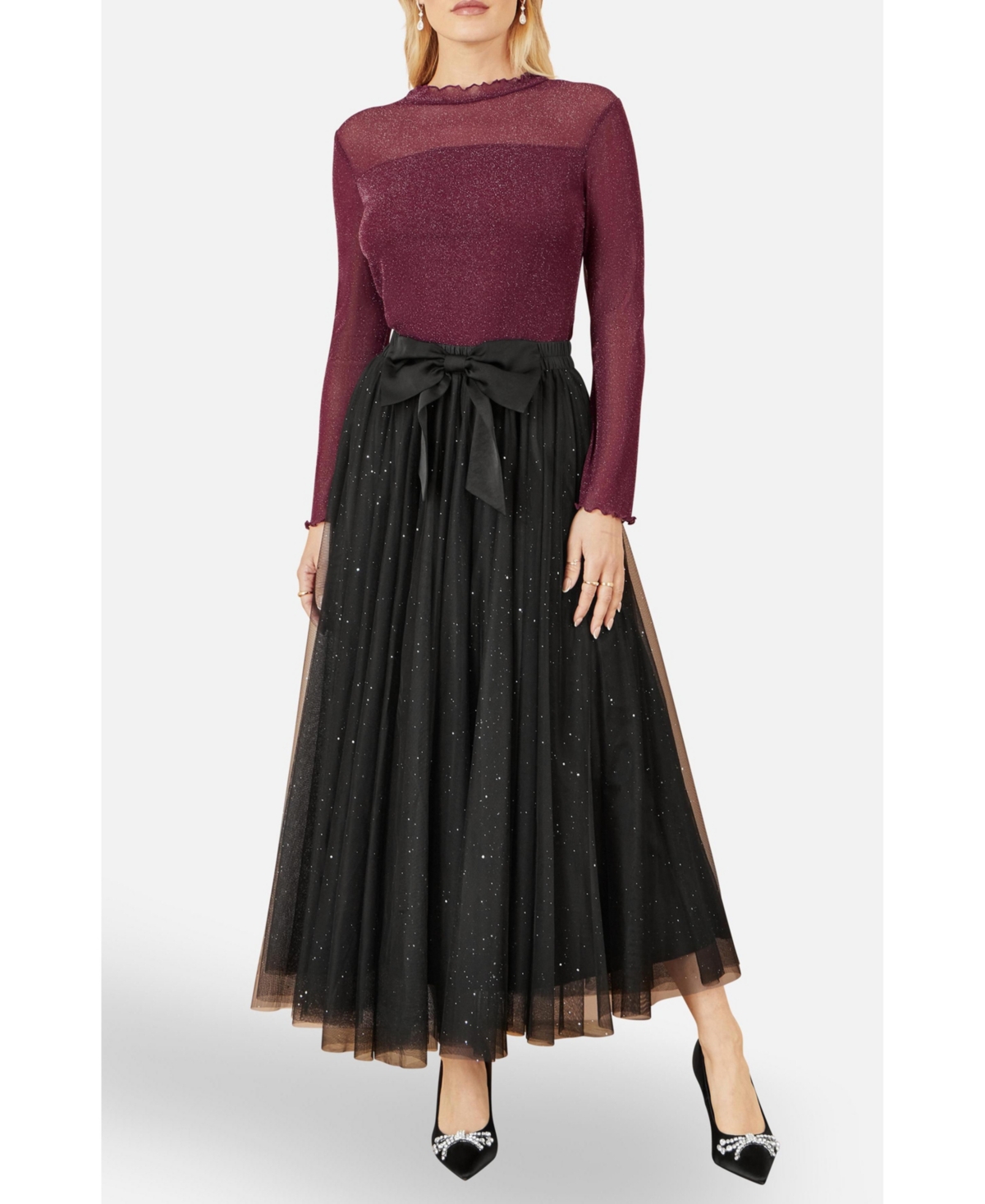 Yumi Women's Sparkle Mesh Tulle Skirt with Satin Bow