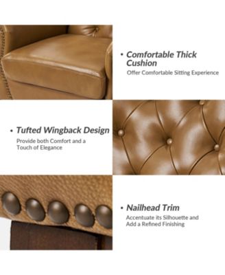Eugene Traditional Genuine Leather Chair with Tufted Wing Back and Solid Wood